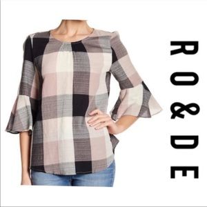 Ro & De Bell Sleeve Plaid Tie Back Blouse